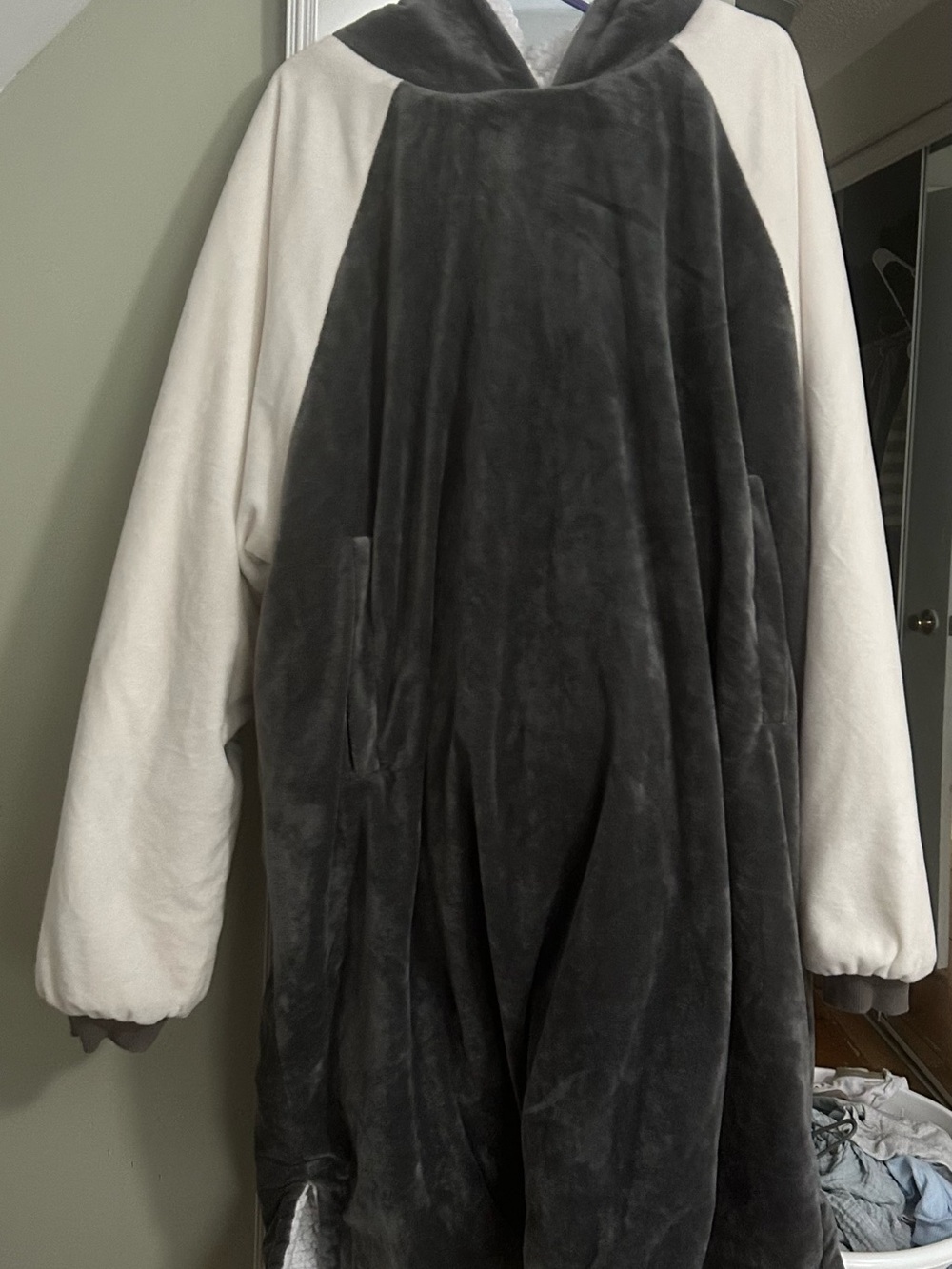 Plush Hooded Lounge Jacket in Dark Gray and Cream ( blanket sweater) with pocket